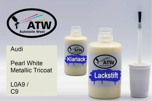 Audi, Pearl White Metallic Tricoat, L0A9 / C9: 20ml Lackstift + 20ml Klarlack - Set, von ATW Autoteile West.